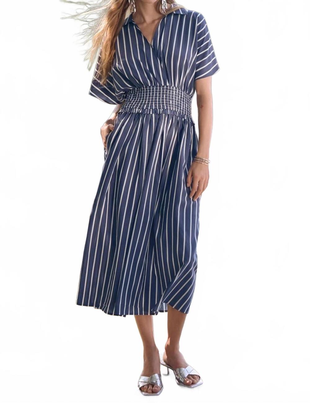 NEW JOSEPH RIBKOFF striped midi fit and flare dress in blue/white
